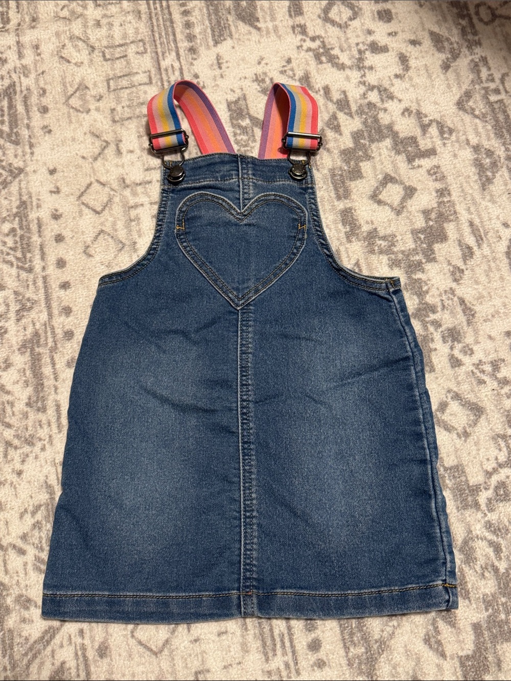 Girls' Denim Pinafore Overall Dress with Front Heart Pocket & Rainbow Straps